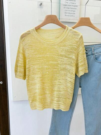 1 pieza Blusa de punto casual versátil cómoda de manga corta con cuello redondo de seda ligera, estilo minimalista asimétrico de color amarillo para mujer