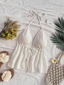 Blusa sin mangas con cuello halter y lazo en la espalda, adecuada para el verano - Blanco - Ver 2