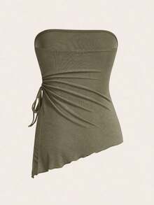Blusa negra tubo con recogido en la cintura, bajo asimétrico y atado a los lados - Verde militar - Ver 2