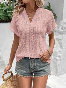 Camiseta suelta de mujer de manga de murciélago con escote en pico, de tela texturizada de unicolor, para verano y vacaciones - Rosa - Ver 6