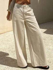 Jeans de mujer de unicolor de estilo casual de vacaciones/casual de negocios, nueva llegada de verano - Caqui - Ver 3