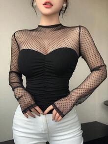 Blusa corta de manga corta de malla transparente elegante y ajustada para mujer, con parches de lunares de malla, ideal para primavera y verano, de uso versátil para San Valentín, boda, fiesta, banquete - Negro 2 - Ver 9