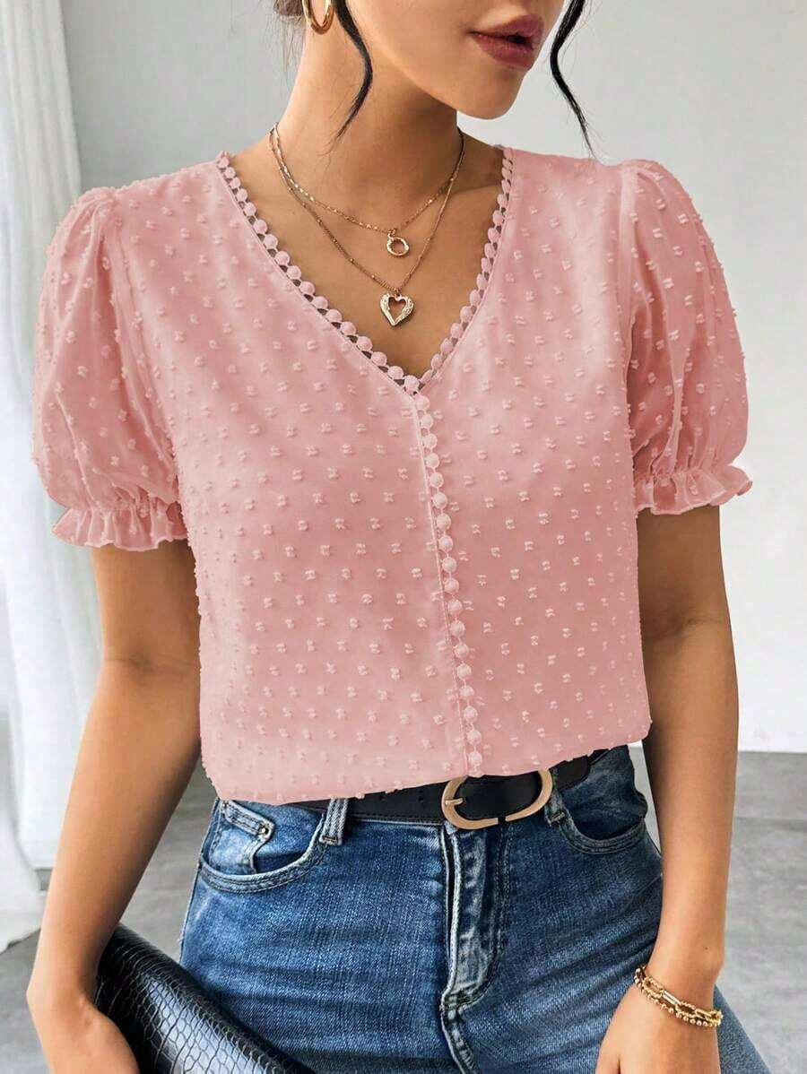 Blusa de gasa con estampado de lunares francés de moda para mujer, diseño elegante y elegante de manga corta con volantes para el verano - Rosa - Ver 1