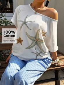 Camiseta de manga corta holgada con estampado todo sobre hombros descubiertos de estilo minimalista casual para mujer, estampado a rayas retro americano, camiseta de hombros abiertos, ropa urbana para mujer - Blanco - Ver 3