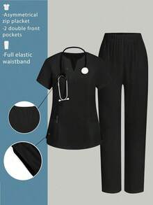 Conjunto de uniforme de enfermera con cuello en V, manga corta y bolsillo lateral con abertura, color azul claro, pantalón informal, conjunto de uniforme de enfermera, para primavera/verano - Negro - Ver 9