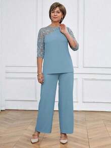 Conjunto de 2 piezas de top de manga larga y pantalones con empalme de malla bordada con lentejuelas de unicolor elegante para mujer, conjunto informal azul para primavera y verano - Celeste - Ver 2