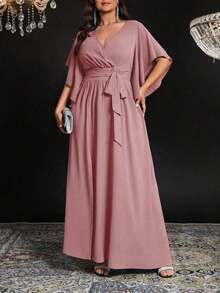 Vestido maxi elegante de fiesta con abertura, cuello en V ajustado, mangas acampanadas y cintura fruncida, talla grande para mujer - Rosa vieja - Ver 5