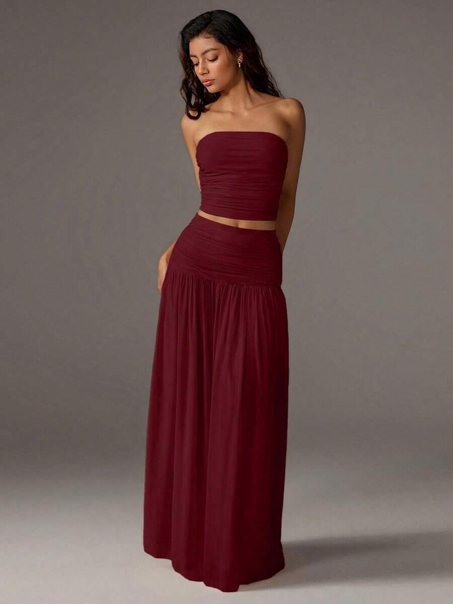 Unity Conjunto de 2 piezas de top corto de bustier de malla de unicolor y falda larga para mujer - Burdeos - Ver 1
