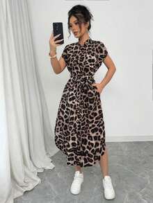 Vestido largo de manga corta para verano 2025, nuevo, con bolsillo, abertura lateral, cinturón y lazo, estampado de leopardo, para uso casual y de viaje - Café integral - Ver 4