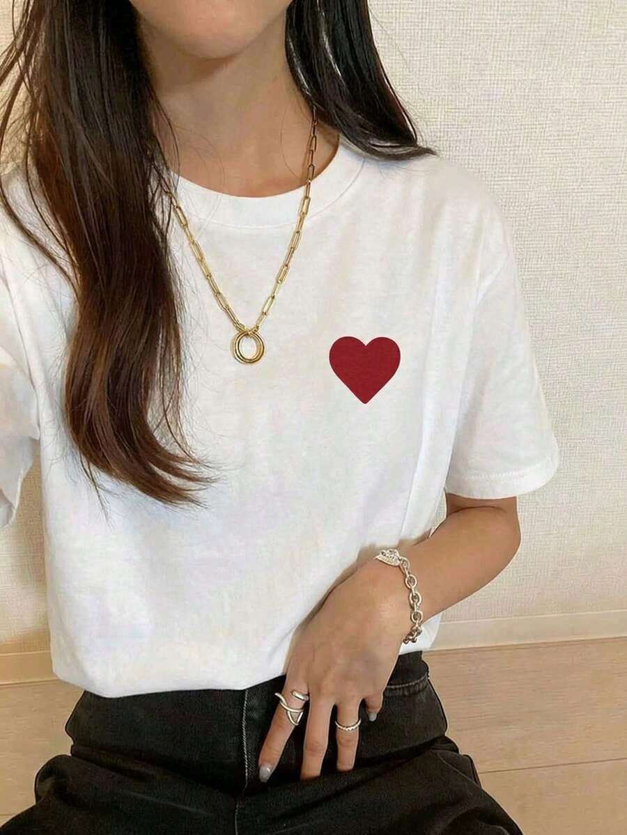 Women's Round Neck T-Shirt, Casual Short Sleeve Top With Heart Print, Summer - 白色 2 - 查看 1