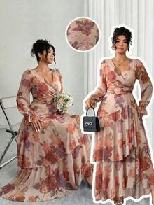 Reflora Nuevo vestido largo de mujer de talla grande con estampado floral, volantes en el bajo, cintura ceñida y alta elasticidad, vestido de otoño, vestido con volantes, vestido floral - Multicolor 3 - Ver 8