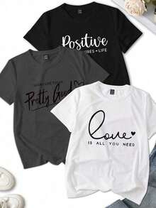 Set de 3 camisetas de manga corta y cuello redondo con estampado de letras inglesas y corazones, camisetas gráficas casuales de verano para mujer - Multicolor 8 - Ver 3