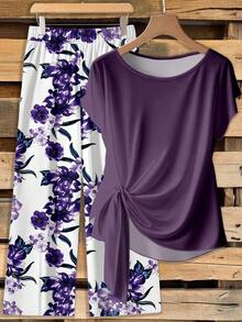 Conjunto de 2 piezas de blusa con lazo y pantalones rectos para mujer, informal - Multicolor 11 - Ver 1