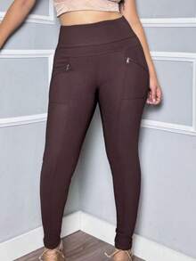 Women's Riding Pants With Grosgrain Fabric, Zipper On Front Pocket, High Waist - Rust Brown - View 2