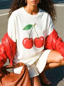 Camiseta divertida para mujer, estilo Y2K, con estampado gráfico de doble cereza, de corte holgado, estilo vintage retro de los 90, ropa de calle coqueta, informal, de corte suelto, con hombros caídos y cuello redondo, estilo preppy dulce, top gráfico de moda de verano, cómoda y transpirable, ideal para uso diario, vacaciones, playa, conciertos, festivales de música, brunch, regreso a clases, estilo urbano, salidas casuales, moda casual de  para chicas adolescentes y mujeres jóvenes. TCMR - Blanco - Ver 1