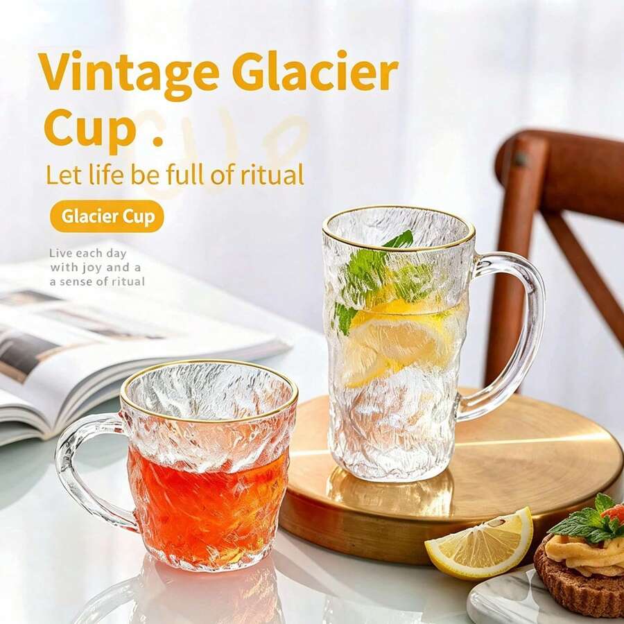 Ly thủy tinh có tay cầm, họa tiết vân băng thời trang, chất lượng cao, dùng đựng nước ép/đồ uống, mang đến không khí mùa hè tươi mát, phù hợp cho cả đồ uống nóng và lạnh. - Kính có hoa văn sông băng - Xem 1