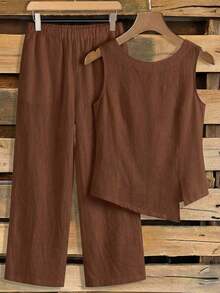 2 piezas Conjunto casual de uso diario con top y pantalones con diseño de abertura de jacquard para mujer - Marrón - Ver 4