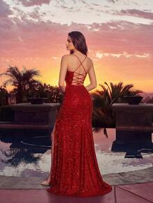 Vestido maxi con lentejuelas, elegante, con tirantes finos cruzados, espalda descubierta, cintura fruncida, abertura frontal y espalda con lazo, adecuado para fiestas, eventos, invitados de boda, ocasiones formales, galas, fiesta de Año Nuevo Primavera Negro - Rojo - Ver 2