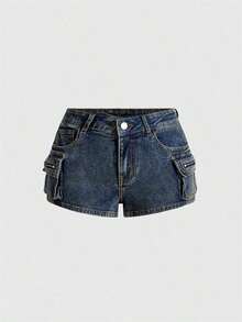 Grunge Punk Conjuntos de verano para mujer: shorts mini de tiro bajo de mezclilla desgastada, estilo de calle punk - Lavado ligero - Ver 5