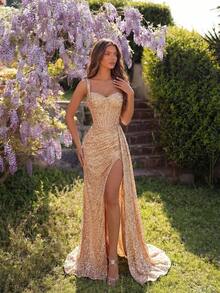Vestido de fiesta largo de satén con abertura en la espalda, cuello en forma de corazón, tirantes gruesos de lentejuelas y cintura alta, adecuado para bailes, fiestas de cumpleaños, cenas formales, citas, regreso a casa, invitados de boda, galas formales, reuniones familiares y San Valentín en primavera - Champán - Ver 6