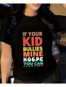 Plus Size Soft Fabric T-Shirt - Women's Plus Size Freedom T-Shirt - Soft And Loose-Fitting T-Shirt In Orange, Pink, Green, And Purple, Featuring The Eye-Catching Slogan "If Your Bull Is My Hope, You Can" - Everyday Wear T-Shirt For Women - Machine Washable Casual T-Shirt, Inspirational Clothing, Geometric Design, Durable Construction, Slogan T-Shirt,  T-Shirt For Enthusiasts. - 黑色 - 查看 6