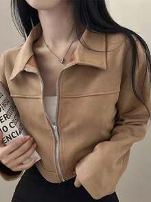 Chaqueta de mujer de unicolor con cuello vuelto y cremallera, de manga larga, adecuada para uso diario, escuela y aeropuerto, primavera/otoño, color negro - Amarillo - Ver 6