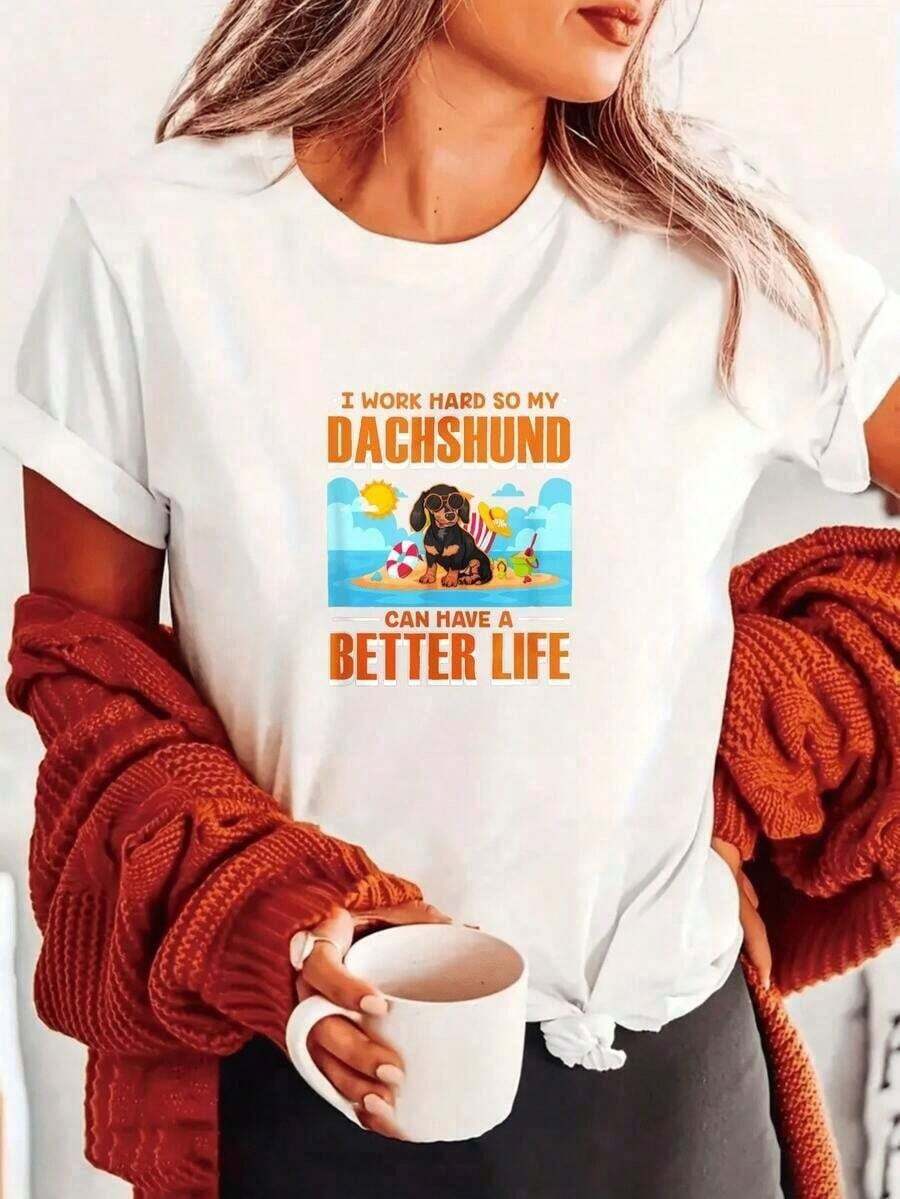 Women's Short-Sleeve Casual Crew Neck T-Shirt With Dachshund Graphic Print, 100% Cotton, Casual Blouses For Women - 白色的 - 查看 1