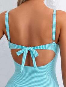Traje de baño de una pieza sexy para mujer con rayas, encaje cruzado en la espalda - Azul menta - Ver 5