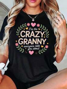 Camiseta de Mujer con Temática de Abuela Loca| Decoración con Eslóganes de Flores y Corazones, Manga Corta Casual, Rosa-Amarillo, Camiseta Diaria para Mayores con Estilo, Divertida y Llamativa - Negro - Ver 1