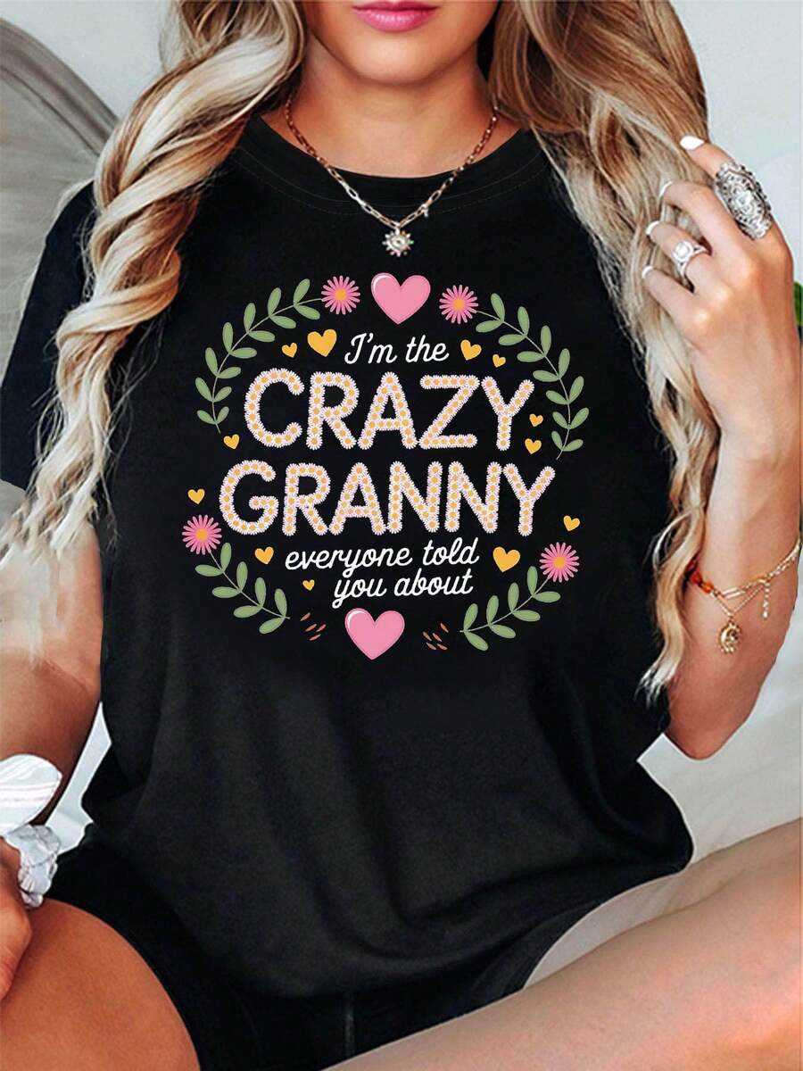 Camiseta de Mujer con Temática de Abuela Loca| Decoración con Eslóganes de Flores y Corazones, Manga Corta Casual, Rosa-Amarillo, Camiseta Diaria para Mayores con Estilo, Divertida y Llamativa - Negro - Ver 1