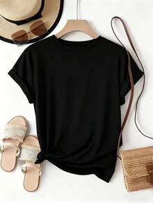 Top Casual para Mujer. "PÁTRIA AMADA Brasil" Diseño con Estampado Patriótico, Estampado Personalizado, Camiseta Deportiva de Moda Casual de Manga Corta y Cuello Redondo para Uso Diario, Top - Negro - Ver 2
