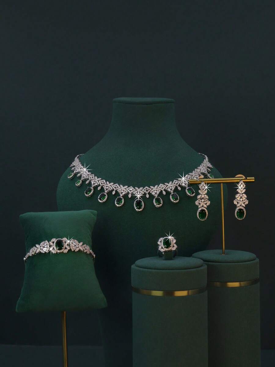 5pcs White Gold Plated Luxury Royal Style Water Drop Tassel Design Bridal Wedding Jewelry Set, Handset Green Cubic Zirconia, Including Necklace, Bracelet, Earrings, Ring, Suitable For Daily Wear And Wedding, Wedding Anniversary Gift (Deluxe Gift Box Packaging) Complimentary