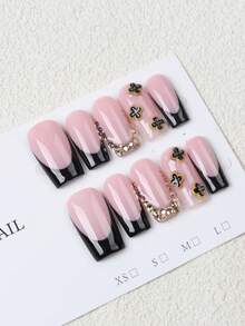10pcs Medium Square Handmade Nail Stickers, Chic French Style With Black Clover Pendant And Crystal Chain Decor, Nude Pink Full Coverage False Nails, Suitable For Daily Wear, Dates, Parties, For Women And Girls - Black - View 3