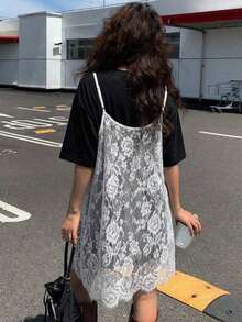 Vestido de verano de mujer de 2 en 1 con parches de encaje sin mangas y de manga corta - Blanco y Negro - Ver 4