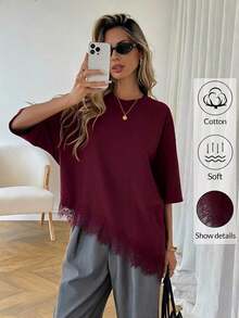 LUNE Women's Casual T-Shirt With Asymmetrical Lace Hem, Solid Color, Everyday Basics, Casual Spring/Summer Blouse For Women's Vacation, Summer Vacation For Women, Spring For Women, Spring Vacation, Beach Top - 紅色的 - 查看 1
