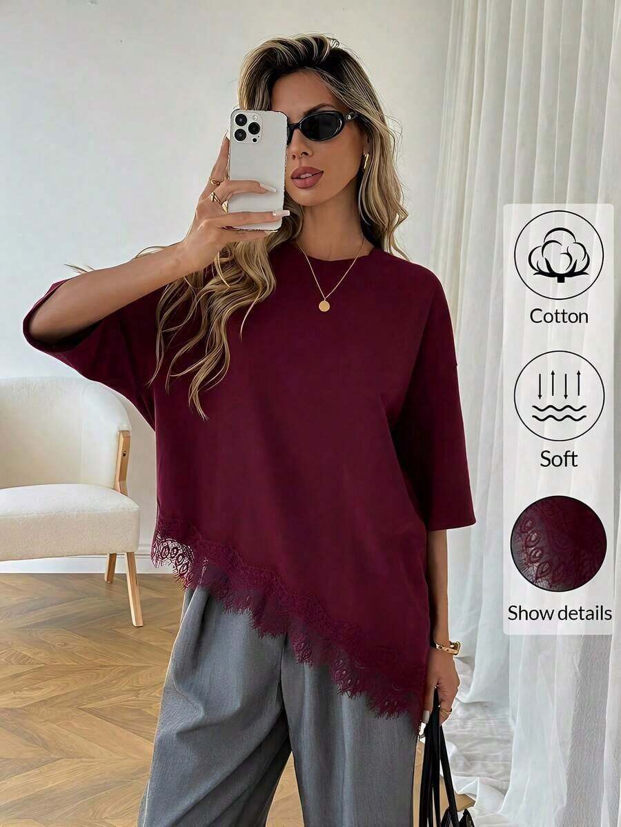 LUNE Women's Casual T-Shirt With Asymmetrical Lace Hem, Solid Color, Everyday Basics, Casual Spring/Summer Blouse For Women's Vacation, Summer Vacation For Women, Spring For Women, Spring Vacation, Beach Top - 紅色的 - 查看 1