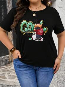 Talla - Talla - Camiseta Casual de Manga Corta para Mujer de Talla - Con Diseño Estampado, Top Elástico de Cuello Redondo para Primavera y Verano, Lavable aáquina, Hecha de Tejido de Elasticidad Media - Negro - Ver 6
