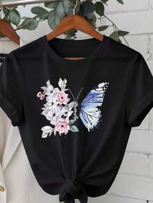 Camiseta casual de cuello redondo de manga corta con estampado floral y de mariposa para mujer LN4J - Negro - Ver 5
