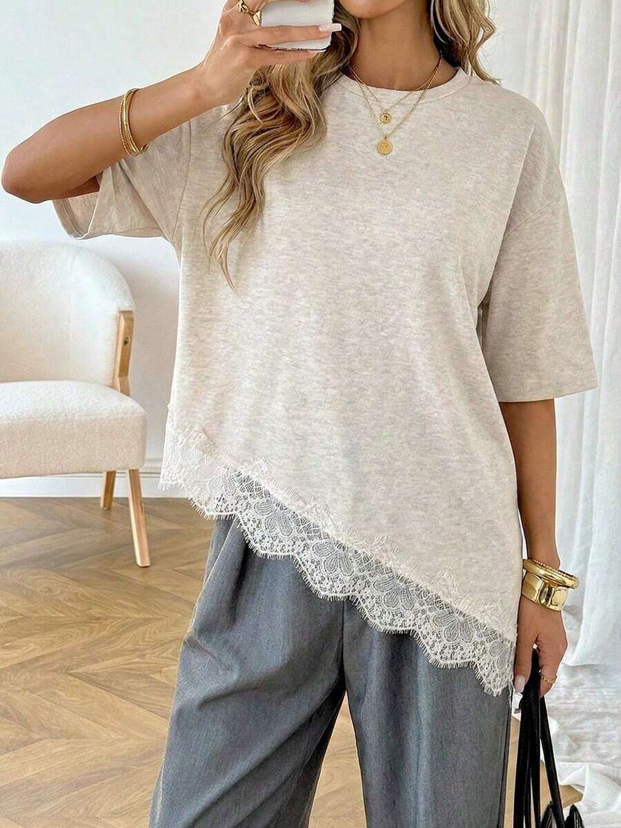 Camiseta casual de mujer con dobladillo asimétrico de encaje de unicolor, uso básico diario, blusa casual de primavera/verano para vacaciones de mujer, vacaciones de verano para mujer, primavera para mujer, vacaciones de primavera, top para ir - Albaricoque - Ver 1