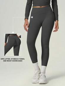 UONNOU 1pc Women's Solid Color Lifting Shaping Yoga Fitness Running Tennis Training Sports Outdoor Long Pants, Spring/Summer - Dark Grey - View 3