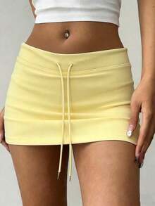 Minifalda de mujer con cintura baja y cordón, para verano - Amarillo - Ver 4