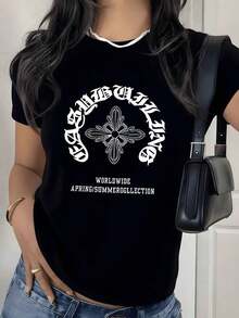 Vintage T-Shirt With Gothic Cross Graphic Print, 1 Piece, Women's Casual T-Shirt 100% Cotton, Vintage Streetwear Style, Fashionable Summer Top - 黑色 - 查看 7