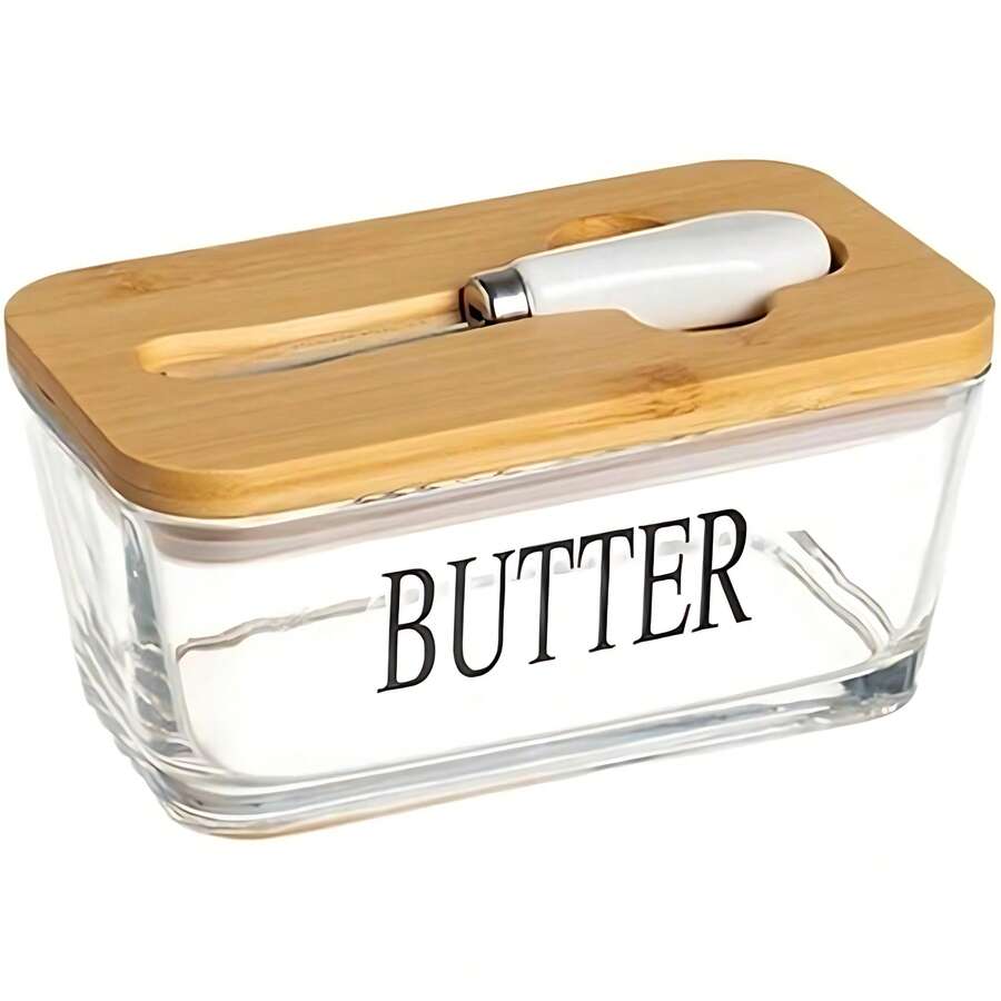 Mantequera de vidrio de 600 ml con tapa de bambú sellada y cuchillo para mantequilla, recipiente hermético para almacenar queso crema - Marrón - Ver 1