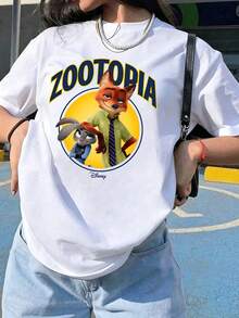 Unisex Disney Zootopia Varsity Tee, Retro Print, Casual Fit - 白色 - 查看 3