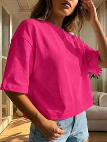 Blusa de mujer de cuello redondo, manga corta, holgada y casual, de estilo minimalista, elegante y sexy Y2K, adecuada para uso diario, oficina, hogar, exterior, primavera/verano - Rosa Fucsia - Ver 3