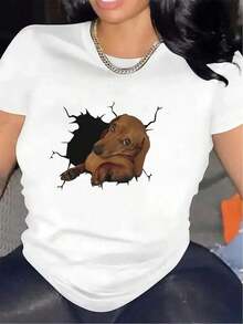 Camiseta de manga corta para mujer con diseño gráfico de perro salchicha de fibra, ropa casual para el hogar, restaurante o uso al aire libre, ligera, duradera, ajuste cómodo, estampado sobre fondo, talla S-3 para mujer. > Hermosa. - Blanco - Ver 8