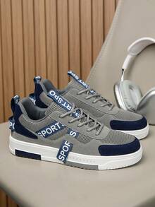 Sepatu Sneakers Kasual Low-Top Gaya Jalanan Pria dengan Motif Acak yang Dipersonalisasi, Sepatu Santai Luar Ruangan Retro Minimalis Patchwork untuk Remaja, Cocok untuk Semua Musim - abu-abu biru - View 3