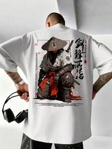 男士時尚日系賽博龐克插畫印花黑色圓領短袖T恤，街頭風 - 白色 - 查看 4