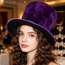 Velvet Vintage Dramatic All Seasons Top Hat, Distressed Texture, Relaxed Fit, Perfect For Themed Party, Halloween Cosplay, Stage Performance - Purple - View 3