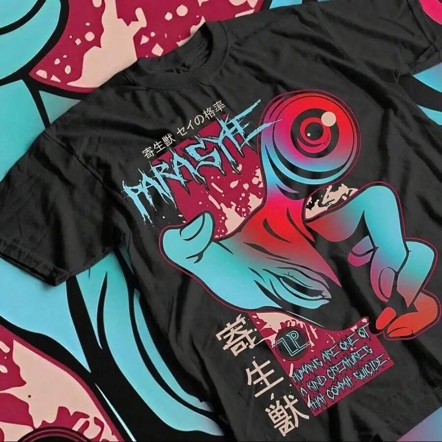 PaR1ASyte Shinichi Izumi Unisex Thick Cotton T-Shirt, Gift For Anime Fans, Yugi 1. 220g Pure Cotton Short Sleeve T-Shirt For Men And Women, Thick Fabric, Wrinkle-Resistant And Not Easily Deformed. Simple And Versatile Style, Lightweight And Breathable, Perfect For Work, Travel, Camping, Shopping And Everyday Leisure. - 黑色 - 查看 1